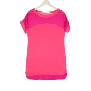 Marie Oliver Womens Dress XS Pink Coral Mesh Shift Mini Short Sleeve Round Neck